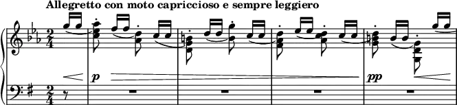 
\relative c''' {
 \new PianoStaff <<
  \new Staff { \key c \minor \time 2/4 \set Score.tempoHideNote = ##t
   \tempo "Allegretto con moto capriccioso e sempre leggiero" 4=95 \partial 8
   \shape #'((0 . 0) (0 . 1) (0 . 1.5) (0 . 2)) Slur 
   \stemUp g16_( g \once \stemDown <aes es c>8-.)
   \shape #'((0 . 0) (0 . 1) (0 . 1.5) (0 . 2)) Slur 
   f16_( [ f] \once \stemDown <d aes \f>8-.)
   \shape #'((0 . 0) (0 . 1) (0 . 1.5) (0 . 2)) Slur
   c16_( [ c] \once \stemDown <b g d>8-.)
   \shape #'((0 . 0) (0 . 0.5) (0 . 1) (0 . 1)) Slur 
   d16_( [ d] \once \stemDown <g b,>8-.)
   \shape #'((0 . 0) (0 . 1) (0 . 1.5) (0 . 2)) Slur
   c,16_( [ c] \once \stemDown <d aes f>8-.)
   \shape #'((0 . 0) (0 . 1) (0 . 1.5) (0 . 2)) Slur
   es16_( [ es] \once \stemDown <d c aes>8-.) 
   \shape #'((0 . 0) (0 . 1) (0 . 1.5) (0 . 2)) Slur
   c16_( [ c] \once \stemDown <d b g>8-.)
   \shape #'((0 . 0) (0 . 1.5) (0 . 2.5) (0 . 4)) Slur
   b16_( [ b] \once \stemDown <g d g,>8-.)
   \shape #'((0 . 0) (0.5 . 0) (1 . 0) (2 . 0)) Slur
   g'16_( [ g] )
  }
  \new Dynamics {
   s8\< s\p s\> s4 s2 s s8\pp s s\< s16 s\!
  }
  \new Staff { \key g \major \time 2/4 \clef bass
   r8 R2 R R R
  }
 >>
}
