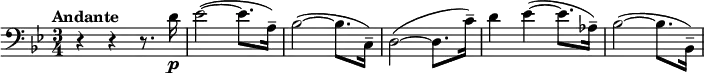 \relative c' { \clef bass \key g \minor \time 3/4 \tempo "Andante" r4 r r8. d16\p | es2~( es8. a,16--) bes2~( bes8. c,16--) d2~( d8. c'16--) d4 es~( es8. as,16--) bes2~( bes8. bes,16--) }