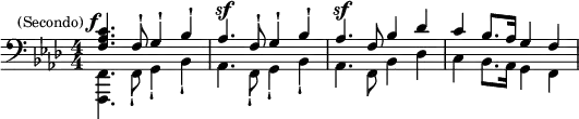 <<
\relative c \clef bass \key f \minor \numericTimeSignature \time 4/4{<f as c'>4.^\markup {\right-align \column {\line {\smaller {(Secondo)} \line {\dynamic f}}}} f8-! g4-! bes-! as4.^\sf f8-! g4-! bes-! as4.^\sf f8 bes4 des'4 c'4 bes8. as16 g4 f}
\\
\relative c {<f, f,>4. f8-! g4-! bes-! as4. f8-! g4-! bes-! as4. f8 bes4 des4 c4 bes8. as16 g4 f}
>>