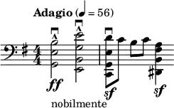  
  \relative c' { \set Staff.midiInstrument = #"cello" \clef bass \numericTimeSignature \time 4/4 \key e \minor \tempo "Adagio" 4 = 56 <b e, g,>2\downbow\ff-^_"nobilmente" <e g, b, e,>\downbow-^ | \stemDown <d e, g, c,>8\downbow\sf[ c] b[ c] <a fis b, dis,>4\sf } 
