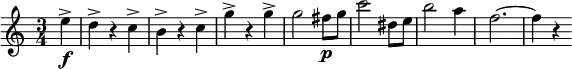 { \key a \minor \time 3/4 \relative c' { \partial 4 \set Score.tempoHideNote = ##t \tempo 2. = 52 e'->\f d-> r c-> b-> r c-> g'-> r g-> g2 fis8\p g c2 dis,8 e b'2 a4 f2.~ f4 r } }