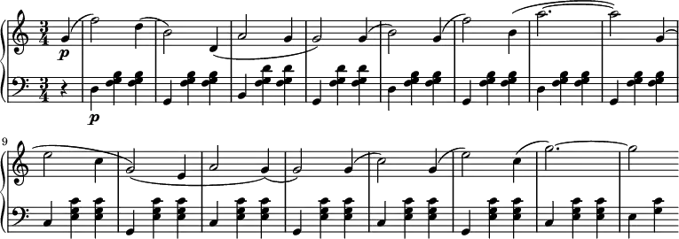 
 \relative b' {
  \new PianoStaff <<
   \new Staff { \key a \minor \time 3/4 \partial 4
    \set Score.tempoHideNote = ##t
     \tempo \markup { 
      \column {
   }
    } 2. = 56
     g\p( f'2) d4( b2) d,4( a'2 g4 g2) g4( b2) g4( f'2) b,4( a'2.~ a2) g,4( e'2 c4 g2)( e4 a2 g4)( g2) g4( c2) g4( e'2) c4( g'2.~) g2
   }
   \new Staff { \key a \minor \time 3/4 \clef bass \partial 4
    r4 d,,\p <f g b> <f g b> g, <f' g b> <f g b> b, <f' g d'> <f g d'> g, <f' g d'> <f g d'> d <f g b> <f g b> g, <f' g b> <f g b> d <f g b> <f g b> g, <f' g b> <f g b> c <e g c> <e g c> g, <e' g c> <e g c> c <e g c> <e g c> g, <e' g c> <e g c> c <e g c> <e g c> g, <e' g c> <e g c> c <e g c> <e g c> e <g c>
   }
  >>
 }
