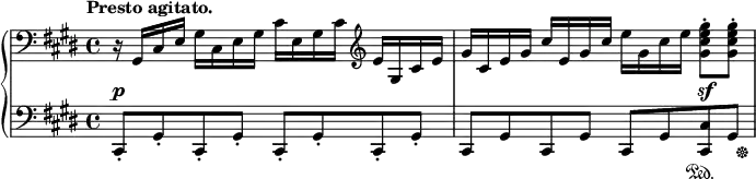 
 \relative c' {
  \new PianoStaff <<
   \new Staff { \key cis \minor \time 4/4 \tempo "Presto agitato."
    \clef bass r16 gis, cis e gis cis, e gis cis e, gis cis \clef treble e gis, cis e
    gis cis, e gis cis e, gis cis e gis, cis e <gis e cis gis>8-. < gis e cis gis>-.
   }
   \new Dynamics {
    s1\p s2. s4\sf
   }
   \new Staff { \key cis \minor \time 4/4 \clef bass
    cis,,,,8-. gis'-. cis,-. gis'-. cis,-. gis'-. cis,-. gis'-.
    cis, gis' cis, gis' cis, gis' <cis cis,>\sustainOn << gis { s16 s16\sustainOff } >>
   }
  >>
 }
