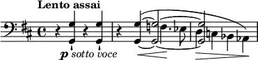 \relative b, {\clef bass \key b \minor \time 4/4 \tempo "Lento assai" r4 <g g'>_\markup {\right-align \dynamic p \italic {sotto voce}
}-! r <g g'>-! r << {<g_~ g'^~>4 <g_~ g'^~>2 <g g'>2} \\
{\shape #'((0 . 1) (0 . 2) (0 . 2) (0 . 1)) Slur \once \hide Stem \once \hide NoteHead \once \override NoteColumn.force-hshift = #1.0 g'4^(\< f4.\! es8 d4\> c bes as\!)}>> }