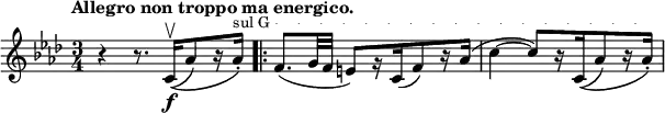 
\relative c' {
 \key f \minor \time 3/4 \set Score.tempoHideNote = ##t \tempo "Allegro non troppo ma energico." 4=125
  \set crescendoText = \markup { \upright \small { sul G } }
  \set crescendoSpanner = #'text
  \override DynamicTextSpanner.style = #'dotted-line
 r4 r8. c16\upbow \f _\( [ ( aes'8) r16 aes16-.] \) ^\< \bar ".|:"
 f8.( g32 f e8) [ r16 c( f8) r16 aes] ( c4~ c8) [ r16 c,\( ( aes'8) r16 aes16-. \) ] \!
}

