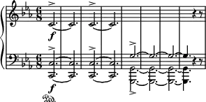 { \new PianoStaff << %{\set PianoStaff.midiInstrument = #"tubular bells" %} \override Score.SpacingSpanner #'common-shortest-duration = #(ly:make-moment 1/2)
\new Staff \with{ \magnifyStaff #3/4 } \relative c' { \clef treble \once \omit Score.MetronomeMark \tempo 4. = 104 \time 6/8 \key c \minor c2.\f^>~c2. c2.^>~c2. s2. s2. s2. s4. r4 r8 }
\new Staff \with{ \magnifyStaff #3/4 } \relative c { \clef bass \time 6/8 \key c \minor <c c,>2.\sustainOn\f^>~<c c,>2. <c c,>2.^>~<c c,>2. <<{g'2.->~g2.~g2.~g4. }\\{<g, g,>2.->~<g g,>2.~<g g,>2.~<g g,>4.}>> r4 r8 }
>> }