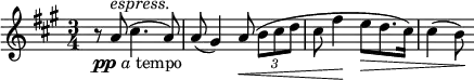 
\relative c' \new Staff {
 \key fis \minor \time 3/4 
  r8_\markup { \dynamic pp \italic a tempo } a'^\markup \italic espress. ( cis4. a8)
  a8( gis4) a8\< ( \times 2/3 { b[ cis d] } cis fis4\! e8\> [ d8. cis16] ) cis4( b8\! )
}
