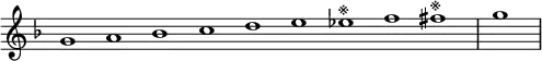 \relative c'' {
\new Staff \with { \remove "Time_signature_engraver" }
{ \key d \minor \time 1/1 \cadenzaOn g1 a bes c d e es^\markup{※} f fis^\markup{※} \bar "|" g \bar"|"}
}