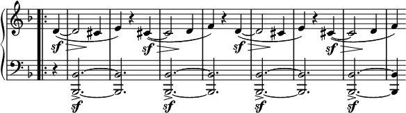 \relative c' {
\new PianoStaff <<
\new Staff \with { \remove "Time_signature_engraver" } { \key f \major \time 3/4 \set Score.tempoHideNote = ##t \tempo "" 2=86 \partial 4
\bar ".|:" d4~\sf \> ( d2*1/2 s4\! cis e) r cis~\sf \> ( cis2*1/2 s4\! d f) r
d4~\sf \> ( d2*1/2 s4\! cis e) r cis~\sf \> ( cis2*1/2 s4\! d f)
}
\new Staff \with { \remove "Time_signature_engraver" } { \key f \major \time 3/4 \clef bass
\bar ".|:" r4 <bes,,~ bes,~>2._>\sf q <bes~ bes,~>_> \sf q
<bes~ bes,~>_>\sf q <bes~ bes,~>_> \sf q4
}
>>
}
