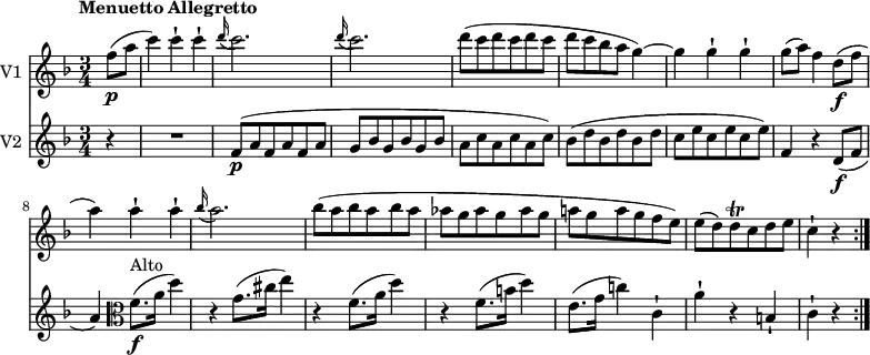 <<
\new Staff \with { instrumentName = #"V1 "} \relative c' {
\version "2.18.2"
\key f \major
\tempo "Menuetto Allegretto"
\tempo 4 = 142
\time 3/4
\partial 4 f'8 \p (a c4) c-! c-!
\grace d16 (c2.) \grace d16 (c2.)
d8 (c d c d c d c bes a g4) ~ g g-! g-!
g8 (a) f4 d8\f (f a4) a-! a-!
\grace bes16 (a2.)
bes8 (a bes a bes a aes g aes g aes g a! g a g f e)
e (d) d\trill c d e
c4-! r
\bar ":|."
}
\new Staff \with { instrumentName = #"V2 "}
\relative c'' {
\key f \major
\clef "treble"
\time 3/4
\partial 4 r4 R1*3/4 f,8 \p (a f a f a g bes g bes g bes a c a c a c)
bes (d bes d bes d c e c e c e)
f,4 r d8\f (f a4) \clef "alto" f8.\f ^ \markup{Alto} (a16 d4)
r g,8. (cis16 e4)
r f,8. (a16 d4)
r f,8. (b16 d4)
e,8. (g16 c!4) c,-!
a'-! r b,-! c-! r \bar ":|."
}
>>
