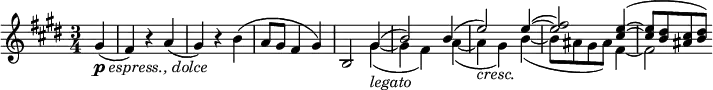 \relative c'' {
\time 3/4
\key e \major
\partial 4 

gis4(-\markup{\dynamic "p" \italic "espress., dolce"} | fis) r a( | gis) r b( | a8 gis fis4 gis) | b,2 
<< { 
  gis'4( | b2) b4( | e2) e4~( | <e fis>2) <cis e>4~( | <cis e>8[ <b dis> <ais cis> <b dis>8]) 
} \\ { 
  gis4~(-\markup{\italic "legato"} | gis\> fis) a~( | a-\markup{\italic "cresc."} gis) b~( | b8[ ais gis ais]) fis4~ | fis2 
} >>
}