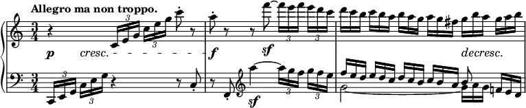 
\relative c' {
 \new PianoStaff <<
  \new Staff {
   \key c \major \time 3/4 \set Score.tempoHideNote = ##t \tempo "Allegro ma non troppo." 4=82
   r4 \times 2/3 { c16[ e g] } \times 2/3 { c e g } c8-. r
   a-. r r f'8_\sf ~ \times 2/3 { f16[ e f] } \times 2/3 { e d c }
   d16*2/3[ c b] c b a b[ a g] a g fis g[ b a] g a b
  }
  \new Dynamics {
   s8\p s\cresc s2 s8\f s s2 s s8\decresc s\!
  }
  \new Staff { \key c \major \time 3/4 \clef bass
   \times 2/3 { c,,,,16[ e g] } \times 2/3 { c e g } r4 r8 c,8-.
   r f,-. \clef treble a'''4_\sf ~ \times 2/3 { a16[ g f] } \times 2/3 { g f e }
   << { f16*2/3[ e d] e d c d[ c b] c b a b8 } \\ { g2~ g16*2/3[ a g] } >> f! e d
  }
 >>
}
