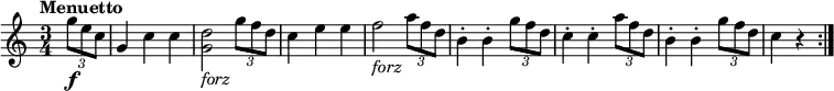 \version "2.18.2"
\relative c'' {
\key c \major
\time 3/4
\tempo "Menuetto "
\tempo 4 = 136
\partial 4 \tuplet 3/2 {g'8 \f e c}
g4 c c
<g d'>2_\markup { \italic forz} \tuplet 3/2 {g'8 f d}
c4 e e
f2_\markup { \italic forz} \tuplet 3/2 {a8 f d}
b4-. b-. \tuplet 3/2 {g'8 f d}
c4-. c-. \tuplet 3/2 {a'8 f d}
b4-. b-. \tuplet 3/2 {g'8 f d}
c4 r \bar ":|."
}