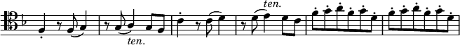 \relative c {
\new Staff \with { \remove "Time_signature_engraver" } { \key f \major \time 3/4 \set Score.tempoHideNote = ##t \tempo "" 2=86 \clef tenor
f4-. r8 f( g4) r8 g_( \stemUp a4_\markup \italic ten. ) g8 f
\stemDown c'4-. r8 c( d4) r8 d( e4^\markup \italic ten. ) d8 c
f8-. g-. a-. f-. g-. d-. f-. g-. a-. f-. g-. d-.
}
}