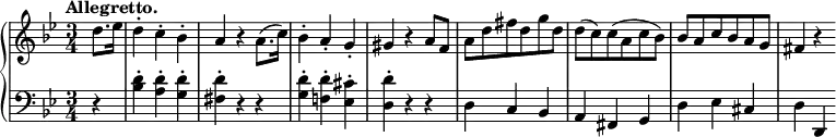 \relative c'' {
\new PianoStaff <<
\new Staff {
\key g \minor \time 3/4 \set Score.tempoHideNote = ##t \tempo "Allegretto." 4=126 \partial 4
d8. es16 d4-. c-. bes-. a r a8.( c16) bes4-. a-. g-. gis r a8 f
a d fis d g d d( c) c( a c bes) bes a c bes a g fis4 r
}
\new Staff { \key g \minor \time 3/4 \clef bass
r4 <d bes>-. <d a>-. <d g,>-. <d fis,>-. r r
<d g,>-. <d f,!>-. <cis es,>-. <d d,>-. r r
d, c bes a fis g d' es cis d d,
}
>>
}