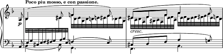 \relative c' {
\new PianoStaff <<
\new Staff = "R" \with { \remove "Time_signature_engraver" } { \key d \minor \time 6/8 \set Score.tempoHideNote = ##t \tempo 4.=66 \partial 8
<<
{ a8\p | \tempo "Poco piu mosso, e con passione." bes4( cis8 f!4 e8) cis( d f a4 g8) }
\\
{
s8 | bes,32 \change Staff = "L" \stemUp e, g cis, e f fis g \change Staff = "R" \stemDown cis \change Staff = "L" \stemUp a bes e,
\change Staff = "R" \stemDown f' bes, cis g bes b c cis e bes cis g
cis\cresc a\! bes f d' gis, a f f' cis d a a' cis, d bes cis d dis e g cis, d bes
}
>>
}
\new Staff = "L" \with { \remove "Time_signature_engraver" } { \key d \minor \time 6/8 \clef bass \partial 8
<<
{ a,8 | s4. f'!4( e8) cis( d f a4 g!8) }
\\
{ s8| bes,4( cis8) g4. f4. bes4. }
>>
}
>>
}