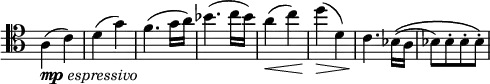 
\relative c' \new Staff \with { \remove "Time_signature_engraver" } {
 \key c \major \time 2/4 \set Score.tempoHideNote = ##t \tempo "" 4=132 \clef tenor
 a4_\markup { \dynamic mp \italic espressivo } ( c) d( g) f4.( g16 a) bes4.( c16 bes) a4\< ( c) d\> ( d,)
 c4.\! bes16\( ( a bes8) [ bes-. bes-. bes-.] \)
}
