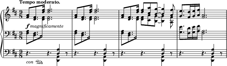 \relative c'' {
\new PianoStaff <<
\new Staff = "R" { \key d \major \time 9/8 \set Score.tempoHideNote = ##t
\tempo "Tempo moderato." 4=105
\stemUp <a fis>8 <fis d>8. <fis' d>16 q2. <a, fis>8 <fis d>8. <fis' d>16 q2.
<a, fis>8 <fis d>8. <fis' d>16 q8 <a cis,> <g~ b,^~> q4 <fis a,>8
<e g,>8. <d fis,>16 <e g,> <fis a,> <a, fis>2.
}
\new Dynamics {
s4-\markup { \dynamic f \italic magnificamente }
}
\new Staff = "M" { \key d \major \time 9/8 \clef bass
\stemDown <a, fis>8 <fis d>8. \change Staff = "R" <fis' d>16 q2. \change Staff = "M"
<a, fis>8 <fis d>8. \change Staff = "R" <fis' d>16 q2. \change Staff = "M"
<a, fis>8 <fis d>8. \change Staff = "R" <fis' d>16 q8 <a cis,> <g_~ b,~> q4 <fis a,>8 \change Staff = "M"
<e g,>8. <d fis,>16 <e g,> <fis a,> <a, fis>2.
}
\new Staff = "L" { \key d \major \time 9/8 \clef bass
<<
{
d,4.\rest d\rest <a' d,>4 d,8\rest
d4.\rest d\rest <a' d,>4 d,8\rest
d4.\rest d\rest <a' d,>4 d,8\rest
d4.\rest d\rest <a' d,>4 d,8\rest
}
\\
{ s2. <a d,>4 s8 s2. <a d,>4 s8 s2. <a d,>4 s8 s2. <a d,>4 s8 }
\new Dynamics {
s8^\markup \italic con s s\sustainOn
}
>>
}
>>
}