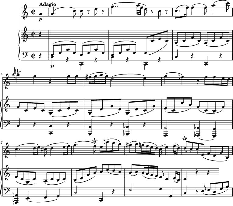 \version "2.18.2"
\header {
tagline = ##f
}
upper = \relative c {
\key c \major
\time 2/2
\tempo 4 = 60
\set Staff.midiMinimumVolume = #0.2 \set Staff.midiMaximumVolume = #0.5
\partial4 r4 \change Staff =lower
\stemUp e8\p ^(g c g) e ^ (g c g)
e ^ (g c g) g (\change Staff =upper c e c)
a (c f c) a (c f c)
f c e c) g (c e c)
g (d' g d) g, (d' c g')
e (c c' a) f (c b f')
e (c g c) a (c b c)
b (d g b) c e (d c)
b (c) b16 (a g f) e8 c4 d16 (b)
c4 r r
}
lower = \relative c {
\clef bass
\key c \major
\time 2/2
\set Staff.midiMinimumVolume = #0.2 \set Staff.midiMaximumVolume = #0.5
\partial4 r4
\stemDown c g\rest c, g'\rest
c g\rest c, g'\rest
\stemUp c r c, r
c' r <c, c'> r
<b b'> r <bes bes'> r
<a a'>2 <aes aes'>4 (<g g'>)
<a! a'!> e' (f g)
c2 c,4 r
f'2 g4 g,
c r8 e (f d g b)
}
vl = \relative c'' {
\key c \major
\time 2/2
\partial 4 g4\p^ \markup \bold {{"Adagio"}}
g4. (c8) c r8 e r8
g4.. (a32 f e8) r8 c r8
c8. (f16) f4 (f8) a4 (c8)
\grace b32 (a4)\trill g r4 g8 g
fis16 (g a g) d2 (e4)
g (f!) r8 f f e16 d
c4. (d16 e) cis8 (d4 e16 f)
g4. (f8\trill) e c'! (b a)
gis (a) g16 (f e d) c8 (e4) f16 (d)
d8\trill (c) c-! e, (f d g b,)
}
\score {
\new GrandStaff <<
\new PianoStaff <<
\new Staff = "upper" \upper
\new Staff = "lower" \lower
\set Staff.midiMinimumVolume = #0.2 \set Staff.midiMaximumVolume = #0.5
>>
\new Staff = "vl" \vl
>>
\layout {
\context {
\Score
\remove "Metronome_mark_engraver"
}
}
\midi { }
}
