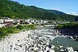 桃介橋から望む木曽川。（長野県南木曽町、2014年（平成26年）10月）