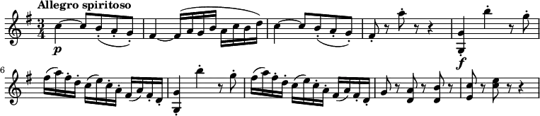 \version "2.18.2"
\relative c'' {
\key g \major
\time 3/4
\tempo "Allegro spiritoso"
\tempo 4 = 136
c4\p ~ c8 b-. (a-. g-.)
fis4 ~ fis16 (a g b a c b d)
c4 ~ c8 b-. (a-. g-.)
fis-. r a'-. r r4
<g,, g'>4-.\f b''-. r8 g-.
fis16 (a) fis-. d-. c (e) c-. a-. fis16 (a) fis-. d-.
<g, g'>4-. b''-. r8 g-.
fis16 (a) fis-. d-. c (e) c-. a-. fis16 (a) fis-. d-.
g8 r <d a'> r <d b'> r
<e c'> r <c' e> r r4
}