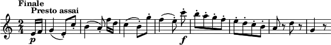 
\version "2.18.2"
\relative c'' {
  \key c \major
  \time 2/4
  \tempo "Finale "
  \tempo 4 = 138
  \partial 8 e,16^\markup { \bold Presto \bold assai } \p f
  g4 (e8-.) c'-.
  b4 (a8-.) f'16 [d]
  c4 (b8-.) g'-.
  f4 (e8-.) c'-.\noBeam\f
  b-. [a-. g-. f-.]
  e-. [d-. c-. b-.]
  a  r d r 
  g,4 r8
}
