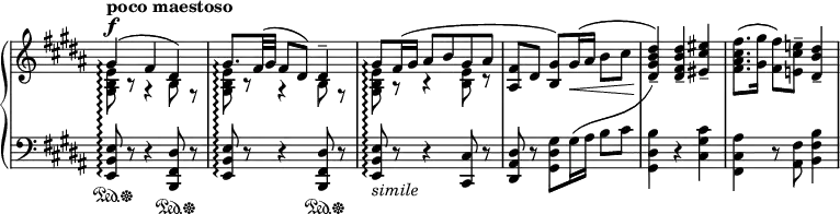\relative c'' {
\new PianoStaff <<
\set PianoStaff.connectArpeggios = ##t
\new Staff = "R" \with { \remove "Time_signature_engraver" } {
\key b \major \numericTimeSignature \time 3/4 \set Score.tempoHideNote = ##t \tempo "poco maestoso" 4=76
<<
{
gis^\f ( \arpeggio fis dis) gis8.\arpeggio fis32( gis fis8 dis) dis4--
gis8\arpeggio fis16( gis ais8 b gis ais <fis ais,> dis <gis b,>) gis16( \< ais \stemDown b8 cis
\stemUp <dis b gis dis>4_- \! ) <dis b fis dis>_- <eis cis eis,>_-
\stemDown <fis cis ais fis>8.( <gis gis,>16 <fis fis,>8) <e! cis e,!>^- \stemUp <dis b dis,>4_-
}
\\
{
<e, b gis>8\arpeggio r r4 b8 r <e b gis>\arpeggio r r4 b8 r
<e b gis>\arpeggio r r4 <e b>8 r
}
>>
}
\new Staff = "L" \with { \remove "Time_signature_engraver" } {
\key b \major \numericTimeSignature \time 3/4 \clef bass
<<
{
<e, b e,>8\arpeggio \sustainOn d\rest \sustainOff d4\rest <dis fis, b,>8 \sustainOn d\rest \sustainOff
<e b e,>\arpeggio d\rest d4\rest <dis fis, b,>8 \sustainOn d\rest \sustainOff
<e b e,>\arpeggio _\markup \italic simile d\rest d4\rest <cis cis,>8 d\rest
<dis ais dis,> d\rest \stemDown <gis dis gis,> gis16 ais b8 cis
<b dis, gis,>4 d,\rest <cis' gis cis,>
<ais cis, fis,> d,8\rest <fis ais,> <b fis b,>4
}
\\
{
\hideNotes s2. s s s4 s8
\shape #'((0 . 0) (1.2 . 0.4) (0.2 . -4.2) (0 . 1.2)) Slur
gis^( s4 \change Staff = "R" dis4)
}
>>
}
>>
}