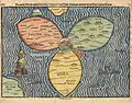 ビュンティングのクローバー型地図。1581年の木版画、マグデブルク。エルサレムが中央に配置され、周囲にヨーロッパ・アジア・アフリカが存在する。