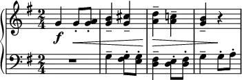 { \new PianoStaff <<
\new Staff = "RH" \relative c'' { \clef treble \key g \major \time 2/4
g4-\f g8-.\< <a g>-. | <b g>4-- <cis g>-- | <d a>--\> <c! a>-- | <b g>-- r\! |}
\new Staff = "LH" \relative c' { \clef bass \key g \major \time 2/4
R2 | g4-- <g fis>8-. <g e>-. | <fis d>4-- <e d>8-. <fis d>-. | g4-- g8-. a-. |}
>> }