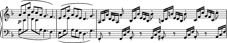 
\relative c'' {
  \new PianoStaff <<
   \new Staff = "R" \with { \remove "Time_signature_engraver" } { \key f \major \time 12/8 \set Score.tempoHideNote = ##t \tempo "" 4.=80
    \stemUp a8^( c a' d, c a g4. f) e8^( g e' a, g e d4. g)
    \stemNeutral a,16*2/3[ c a'] d,[ c a] a'8-. bes,16*2/3[ e bes'] e,[ d bes] bes'8-.
    b,16*2/3[ d b'] e,[ d b] b'8-. c,16*2/3[ f c'] g[ f c] c'8-.
   }
   \new Dynamics {
    s8\p
   }
   \new Staff = "L" \with { \remove "Time_signature_engraver" } { \key f \major \time 12/8 \clef bass
    \stemDown a,8_( \change Staff = "R" c a' d, c \change Staff = "L" a g4. f)
    e8_( g \change Staff = "R" e' \change Staff = "L" a, g e d4. g)
    \stemNeutral f,8-. r f16*2/3 c' f g,8-. r g16*2/3 c f gis,8-. r gis16*2/3 c f a,8-. r a16*2/3 c f
   }
  >>
 }
