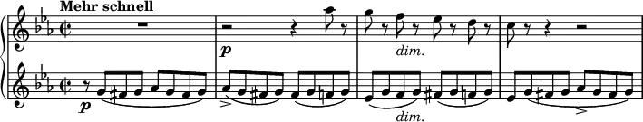 { \new PianoStaff <<
\new Staff \relative as'' { \set Staff.midiInstrument = #"string ensemble 1" \key c \minor \clef treble \time 2/2 \set Score.tempoHideNote = ##t \tempo "Mehr schnell" 2 = 95
R1 | % 2
r2 \p r4 as8 r8 | % 3
g8 r8 f8 _\markup{ \italic {dim.} } r8 es8 r8 d8 r8 | % 4
c8 r8 r4 r2
}
\new Staff \relative g' { \set Staff.midiInstrument = #"string ensemble 1" \key c \minor \clef treble \time 2/2
r8 \p g8 ( fis8 g8 as8 g8
fis8 g8 ) | % 2
as8 ( -> g8 fis8 g8 ) fis8 ( g8 f8 g8 ) | % 3
es8 ( g8 f8 _\markup{ \italic {dim.} } g8 ) fis8 ( g8 f8 g8 ) | % 4
es8 g8 ( fis8 g8 as8 -> g8 fis8 g8 ) }
>> }