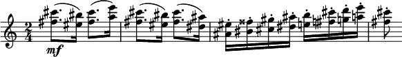 { \key c \major \time 2/4 \relative c''
{
<fis cis'>8.\mf
(<eis bis'>16)
<fis cis'>8.
(<a e'>16)
<fis cis'>8.
(<eis bis'>16)
<fis cis'>8.
(<dis ais'>16)
<ais eis'>-.
<bis fisis'>-.
<cis gis'>-.
<dis ais'>-.
<e b'>-.
<fis cis'>-.
<g d'>-.
<a e'>-.
<fis cis'>8-.
}
}