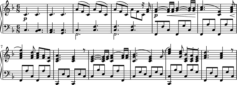 
 \relative c' {
  \new PianoStaff <<
   \new Staff { \key d \minor \time 6/8
    <<
   {
    c4.\p c c c a'8( f c) a'8( f c) a'8( f c) s8( s) r16 <f a>16 <f a>4~\p <f a>16\< <f a> <g bes>4~ <g bes>16 <g bes>\! <a c>4.( <f c>4) <f a c>8\<( <f a c f>4)\! <f a d>8 <f a c>8 <f a> <f c> <a c, e>4. <g c, e>4 r8 <e g c,>4~ <e g c,>16 <e g> <f a c,>4( <f a>16) <f a> <g bes c,>4.( < g e c>4) g8( <c e g>4) <g c e>8 <c, e bes'>-. <c e a>-. <c e g>-. <f a d>4. <f a c>4 r8
   }
    \\
   {
      s4. s s s s8( s s) s8( s s) s8( s s) a8 f c
   }
    >>
   }
   \new Staff { \key d \minor \time 6/8 \clef bass
    <<
      { c,4. <c bes>4. <c a>4. <c g>4. c4. <c f>4. <c f>4. <c f>4. [f,8 f'8 c8] f,8[ g'8 c,8] f,8[ a'8 c,8] f,8[ a'8 c,8] f,8[ a'8 c,8] f,8[ a'8 c,8] c,8[ e'8 c8] c,8[ e'8 c8] c8[ bes'8 e,8] c8[ a'8 f,8] c'8[ g' e] c8[ g' e] <c c,>8[ bes' g] c,8[ bes' g] [f,8 f'8 c8] f,8[ g'8 c,8] }
    \\
      { s4. s4. s4. s4. f,2. f2. }
    >>
      }
  >>
 }
