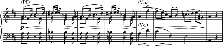 \relative c'' {
\new PianoStaff <<
\new Staff \with { \remove "Time_signature_engraver" } { \key d \major \time 2/4 \set Score.tempoHideNote = ##t \tempo "" 4=96
<<
{
a8.^\markup (Pf.) ( b16 cis8. d16) dis e32 f\rest <bes, g>4 <a g>8
a8.( b16 cis8. d16) dis e32 f\rest <bes, g>4 <a g>8
\stemNeutral a4^\markup (Vn.) ( fis'-> ~ fis8( e16 cis) a8( b) c8.( d16 e8 gis,) a4 b\rest
}
\\
{ fis8 fis g\rest fis g e4 e8 fis8 fis g\rest fis g e4 e8 }
>>
}
\new Dynamics {
s8\p \< s4 s8\! s s4\> s8\! s4\< s8 s\! s s4\> s8\! s2 s4\< s s8 s\> s s\!
}
\new Staff \with { \remove "Time_signature_engraver" } { \key d \major \time 2/4 \clef bass
<a, d,>8 q r q <bes d,!> q4 <a cis,>8 <a d,>8 q r q <bes d,!> q4 <a cis,>8
a4^\markup (Vc.) _\< ( d\! ) cis_\>( fis,\! ) e2 a,4 r
}
>>
}