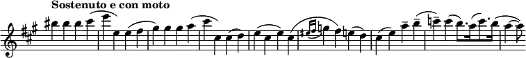 
\relative c''' \new Staff \with { \remove "Time_signature_engraver" } {
  \key a \major \set Score.tempoHideNote = ##t \tempo "Sostenuto e con moto" 4=76 \time 4/4
  bis4 bis bis cis( e e,) e( fis gis) gis gis  a( cis cis,) cis( d)
  e( cis e ) cis( \acciaccatura { eis16 fis } g4 fis) e( d) cis( e) a-- b-- (
  c-- ) c( b8.) [ a16( c8.) b16] ( a4~ a8)
}

