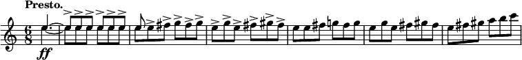 
\relative c'' {
 \key c \major \time 6/8 \set Score.tempoHideNote = ##t \tempo "Presto." 4=190 \partial 4.
 <<
  { e4.~ e8-> e-> e-> e-> e-> e-> e }
  \\
  { 
   e4.\ff ~ e8 e e e e e e e^> fis^> g^> fis^> g^> e^> g^> e^> fis^> gis^> fis^>
   e e fis g! fis g e g e fis gis fis e fis gis a b c
  }
 >>
}
