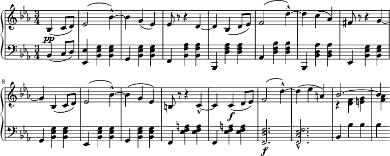 \relative b' {
\new PianoStaff <<
\new Staff { \key c \minor \time 3/4 \partial 2 \set Score.tempoHideNote = ##t \tempo "" 2. = 52
{
bes,( c8 d) ees2( bes'4-^~) bes g( ees) ees8 r r4 d4 ~ d bes( d8 ees) f2( d'4-^~) d c( aes) fis8 r r4 g4~ g bes,( c8 d) ees2( bes'4-^~) bes( g ees) b8 r r4 c4-^~ c c\f( d8 ees) f2( d'4-^~) d4( ees a,)
<< {bes2.~ bes4}
\\
{r4 <f d>4 <g e> <aes f>}
>>
}
}
\new Dynamics {
s\pp
}
\new Staff { \key c \minor \time 3/4 \clef bass \partial 2
bes,,4( c8 d) <ees ees,>4 <bes ees g> <bes ees g> g <bes ees g> <bes ees g> f <bes f' aes> <bes f' aes> bes, <d' f aes> <d f aes> aes <d f bes> <d f bes> bes, <bes' d aes'> <bes d aes'> ees, <bes' ees g> <bes ees g> g <bes ees g> <bes ees g> ees, <bes' ees g> <bes ees g> g <bes ees g> <bes ees g> f <es' f a> <es f a> f, <es' f a> <es f a> <f, d' f>2.\f <f c' ees f>2.-^ bes4 bes' bes bes
}
>>
}