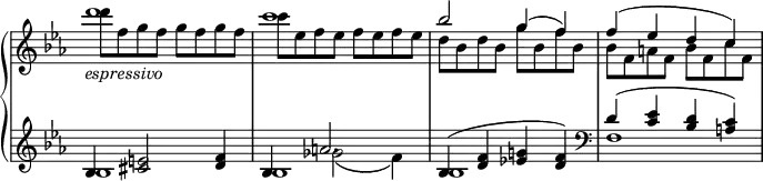
 \relative c' {
  \new PianoStaff <<
   \new Staff \with { \remove "Time_signature_engraver" } { \key es \major \time 2/2
    <<
     { \override TextScript #'Y-extent = #'(-0.5 . 3.5) d''1_\markup \italic espressivo c bes2 g4( f) f( es d c) }
    \\
     { d'8 f, g f g f g f c' es, f es f es f es d bes d bes g' bes, f' bes, bes f a f bes f c' f, }
    >>
   }
   \new Staff \with { \remove "Time_signature_engraver" } { \key es \major \time 2/2
    <<
     { bes,4 <e cis>2 <f d>4 bes,4 a'2. bes,4( <f' d> <g! es!> <f d>) \clef bass d( <es c> <d bes> <c a>) }
    \\
     { bes1 bes1 bes1 f1 }
    \\
     { s1 s4 \stemDown \once \override NoteColumn #'force-hshift = #1.7 ges'2_\( f4\) }
    >>
   }
  >>
 }
