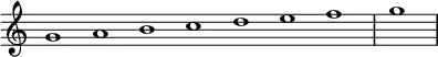 \relative c'' {
\new Staff \with { \remove "Time_signature_engraver" }
{ \key c \major \time 1/1 \cadenzaOn g1 a b c d e f \bar "|" g \bar"|"}
}