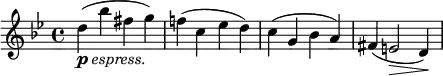 \relative c'' {
\time 4/4
\key g \minor
d(_\markup{\dynamic "p" \italic "espress."} bes' fis g) | f!( c es d) | c( g bes a) | fis( e2\> d4)\! |
}