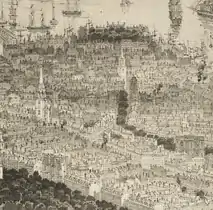 1850年、金融地区。中央左に集会場の塔が見える。