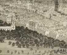 1850年、トレモント・ストリートのメゾニック・テンプルからのボストン・コモン全景。左にパークストリート教会が見える。