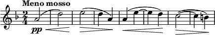 
\relative c' {
\key f \major
\time 2/4
\tempo "Meno mosso"
\tempo 4 = 112
\set Staff.midiInstrument = "violin"
a'2\pp\<
( d )
e\!\>
( d4 a )\!
a\< ( e'~
e d )\!
c2~\>
( c4 b )\!
}

