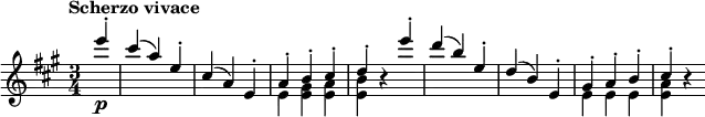 
\relative c''' { \key a \major \time 3/4 \set Score.tempoHideNote = ##t \tempo "Scherzo vivace" 4=160 \partial 4
 <<
  {
   e4-.\p cis( a) e-. cis( a) e-. a-. b-. cis-. d-. b\rest
   e'-. d( b) e,-. d( b) e,-. gis-. a-. b-. cis-. b\rest 
  }
 \\
  { s4 s2. s e,4 <gis e> <a e> <b e,> s2 s2. s e,4 e e <a e> }
 >>
}
