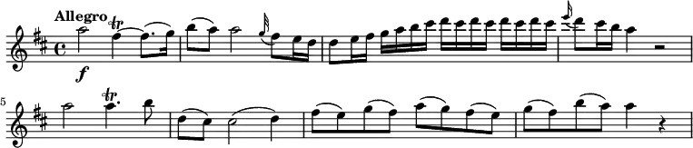 \relative c'' {
\version "2.18.2"
\key d \major
\tempo "Allegro"
\tempo 4 = 110
\time 4/4
a'2 \f fis4 \trill ~ fis8. (g16))
b8 (a) a2 \grace g32 (fis8) e16 d
d8 e16 fis g a b cis d cis d cis d cis d cis
\grace e16 (d8) cis16 b a4 r2
a2 a4.\trill b8
d, (cis) cis2 (d4)
fis8 (e) g (fis) a (g) fis (e)
g (fis) b (a) a4 r
}
