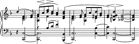 \relative c'' {
\new PianoStaff <<
\new Staff \with { \remove "Time_signature_engraver" } {
\key f \major \time 4/4 \set Score.tempoHideNote = ##t \tempo "" 4=94 \partial 2.
<<
{
d4( <f, d>4. <g e>8) a( ^\< c\! <f d>^\> <d bes>\! <c a>4) <d bes f d>(
<f, d>4. <g e>8 a c <d fis,> <bes g> <g e>4) ^\< <d' g, f! b,!>( ^\> <g,~ e_~ bes_~>2\! q4
}
\\
{ s4 bes,2 <f' a,>4 f s2 bes, <f' a,>4 d }
>>
}
\new Staff \with { \remove "Time_signature_engraver" } {
\key f \major \time 4/4 \clef bass
<<
{ s2. bes4\rest bes8( d f4) s s1 }
\\
{
d,4\rest \stemUp <c~ c,~>2 \stemDown q2. \stemUp <bes bes,>4(
<c c,>2.) \stemDown <bes' c,~>4^( <c c,>) \stemUp <c,~ c,~>2. q2*1/2
}
>>
}
>>
}