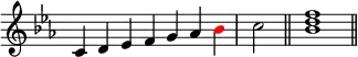 
{
\override Score.TimeSignature #'stencil = ##f
\relative c' { 
  \clef treble \key c \minor
  \time 7/4 c4 d es f g aes \once \override NoteHead.color = #red bes  \time 2/4 c2 \bar "||"
  \time 4/4 <bes d f>1 \bar "||"
} }

