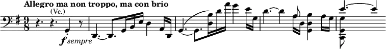 \relative c {\clef bass \time 9/8 \key g \major \tempo "Allegro ma non troppo, ma con brio" r4. r^\markup{\smaller (Vc.)} g4-._\markup{\halign #1 \dynamic f \italic sempre} r8 d4.~ d8. g16 b e d4 a16 d, g4.~( g8. <d' b'>16) d' a' g4 e16 g, d'4.~ d4 <<{a8 s4. e'4.~ e4} \\ {a,16 d, <g, d' b'>4 a'16 g <g g, c,>8}>>}