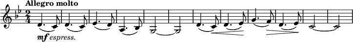 \relative c' {
\key g \minor
\time 2/4
\tempo "Allegro molto"
d4.(-\markup{\dynamic "mf" \italic "espress."} c8) | d4.( c8) | es4.( d8) | a4.( bes8) | g2~ | g |
d'4.( c8)\< | d4.( es8)\! | g4.( f8)\> | d4.( es8)\! | c2~ | c |
}