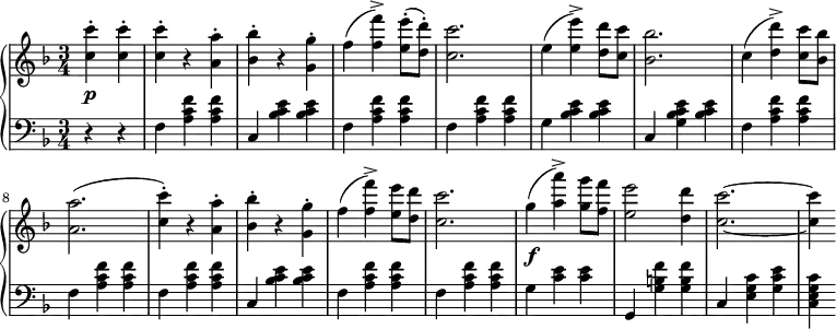 \relative b' {
\new PianoStaff <<
\new Staff { \key d \minor \time 3/4 \partial 2 \set Score.tempoHideNote = ##t \tempo "" 2. = 48
<<
{
<c c'>-. <c c'>-. <c c'>-. r <a a'>-. <bes bes'>-. r <g g'>-. f'( <f f'>->) <e e'>8-.( <d d'>-.) <c c'>2. e4( <e e'>->) <d d'>8 <c c'> <bes bes'>2. c4( <d d'>->) <c c'>8 <bes bes'> <a a'>2.( <c c'>4-.) r <a a'>-. <bes bes'>-. r <g g'>-. f'( <f f'>->) <e e'>8 <d d'> <c c'>2. g'4\f( <a a'>->) <g g'>8 <f f'> <e e'>2 <d d'>4 <c c'>2.~ <c c'>4
}
>>
}
\new Dynamics {
s\p
}
\new Staff { \key d \minor \time 3/4 \clef bass \partial 2
r4 r f,, <a c f> <a c f> c, <bes' c e> <bes c e> f <a c f> <a c f> f <a c f> <a c f> g <bes c e> <bes c e> c, <g' bes c e> <bes c e> f <a c f> <a c f> f <a c f> <a c f> f <a c f> <a c f> c, <bes' c e> <bes c e> f <a c f> <a c f> f <a c f> <a c f> g <c e> <c e> g, <g' b f'> <g b f'> c, <e g c> <g c e> <c, e g c>
}
>>
}